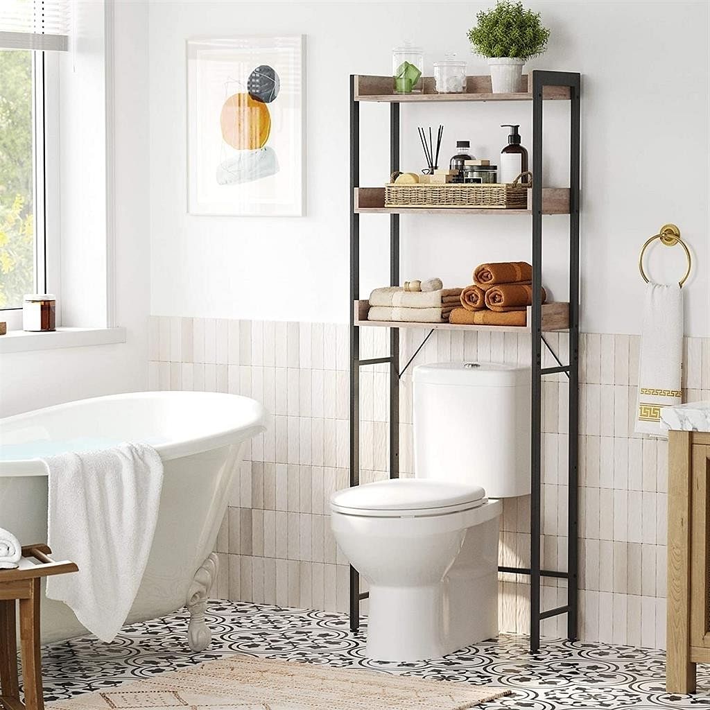 Modern FarmHouse 3 Tier Over The Toilet Metal Wood Storage Shelves - Free Shipping
