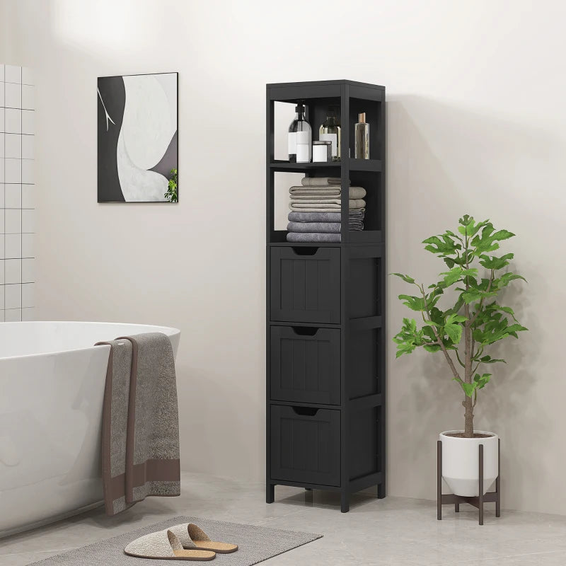 Narrow Bathroom Cabinet with 3 Drawers and 2 Tier Shelf, Tall Cupboard Freestanding Linen Tower, Black