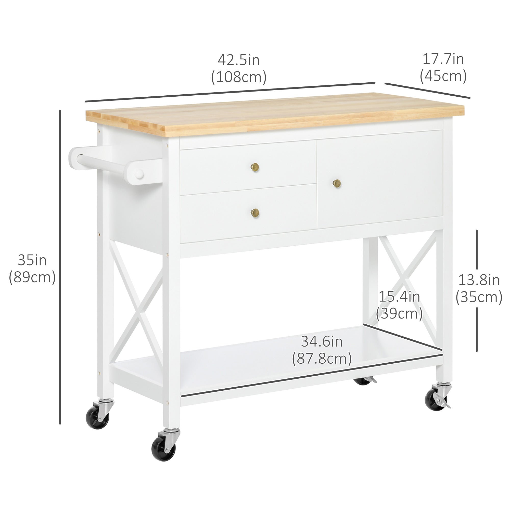 HOMCOM White Utility Kitchen Trolley: Rubberwood Top Island Cart with 2 Drawers, Towel Rack & Storage Solution