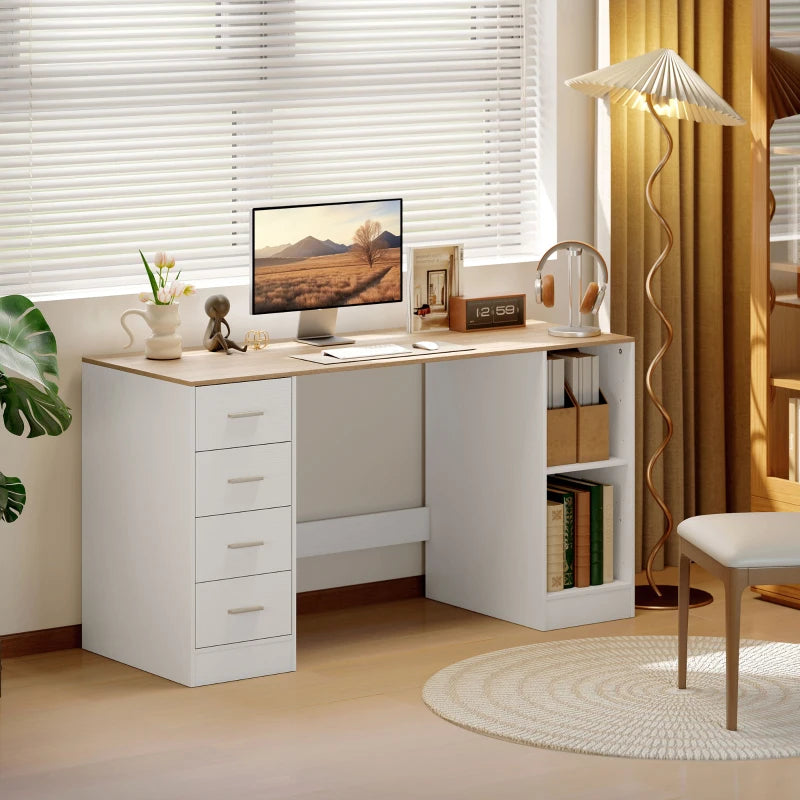 Office Desk, 55" Computer Desk with 4 Reversible Drawers, Mobile PC Stand, Adjustable Shelf, White Wood Grain