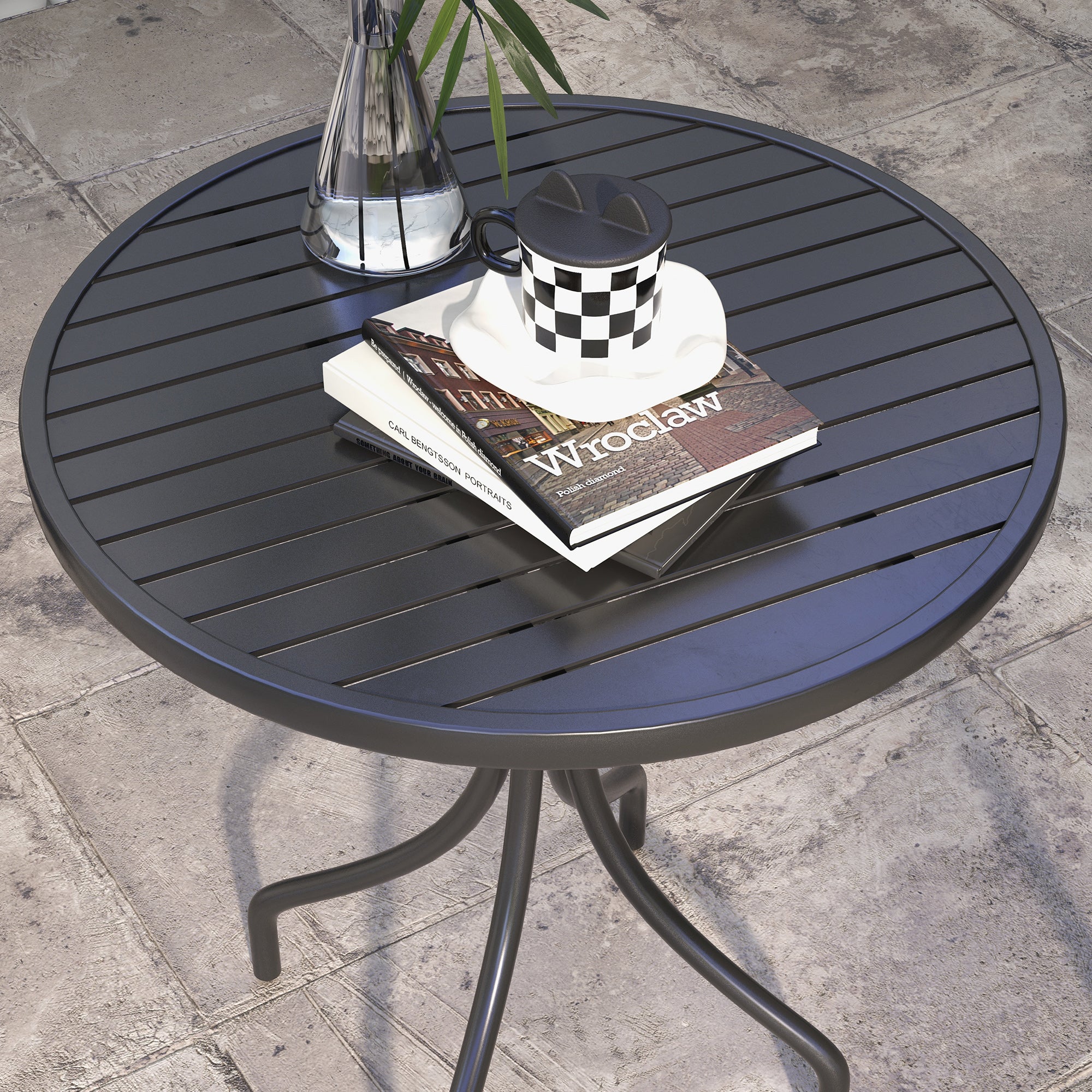 Outsunny 26" Round Outdoor Side Table with Steel Frame Slat Tabletop Patio Garden Balcony Furniture Black