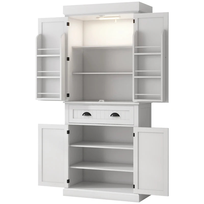 71" Kitchen Pantry Cabinet with LED Lights, 6 Spice Racks, a Drawer and 4 Adjustable Shelves, White