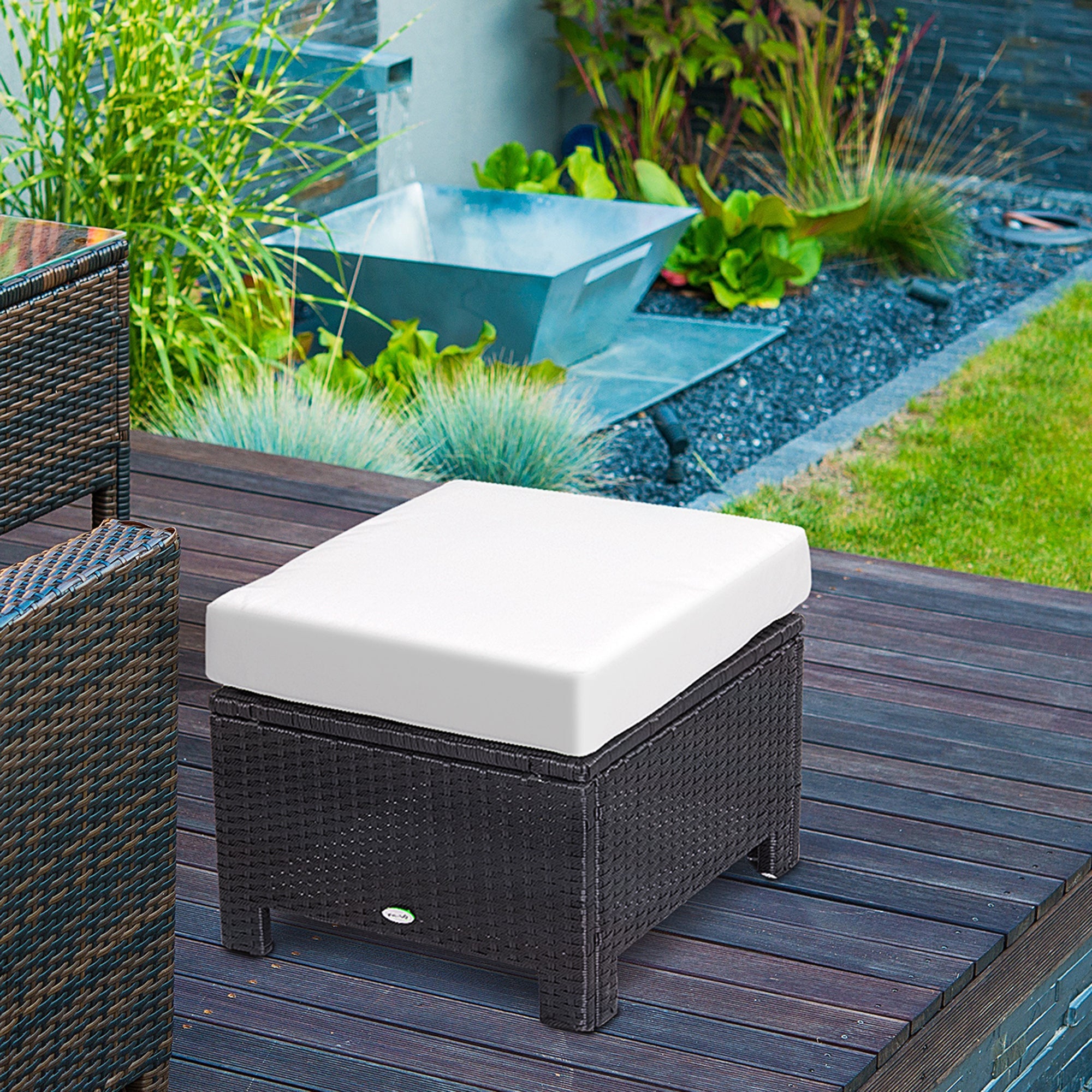 Outsunny Rattan Ottoman Outdoor Wicker Footrest with Cushion Metal Frame for Garden Poolside Cream White