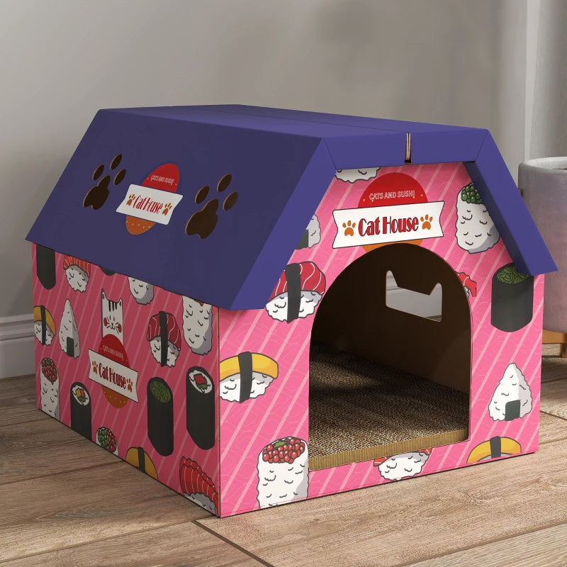 Cat Scratcher House, 2-in-1 Cardboard Cat Scratching Pad with Door, 4 Paw-Shaped Vents and Grass for Indoor, Pink