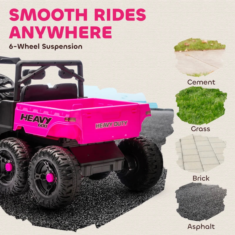 Qaba 24V 4WD Kids Ride On Truck with 6 Wheels Electric Ride On Car with Remote, Dump Bed for 3-8 Years, Pink