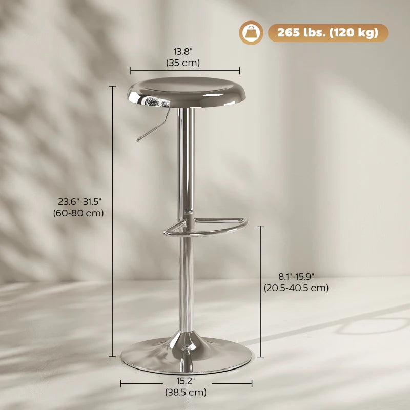 Steel Bar Stools Set of 2, Adjustable Counter Height Round Breakfast Barstools, Industrial Swivel Bar Chairs, Silver