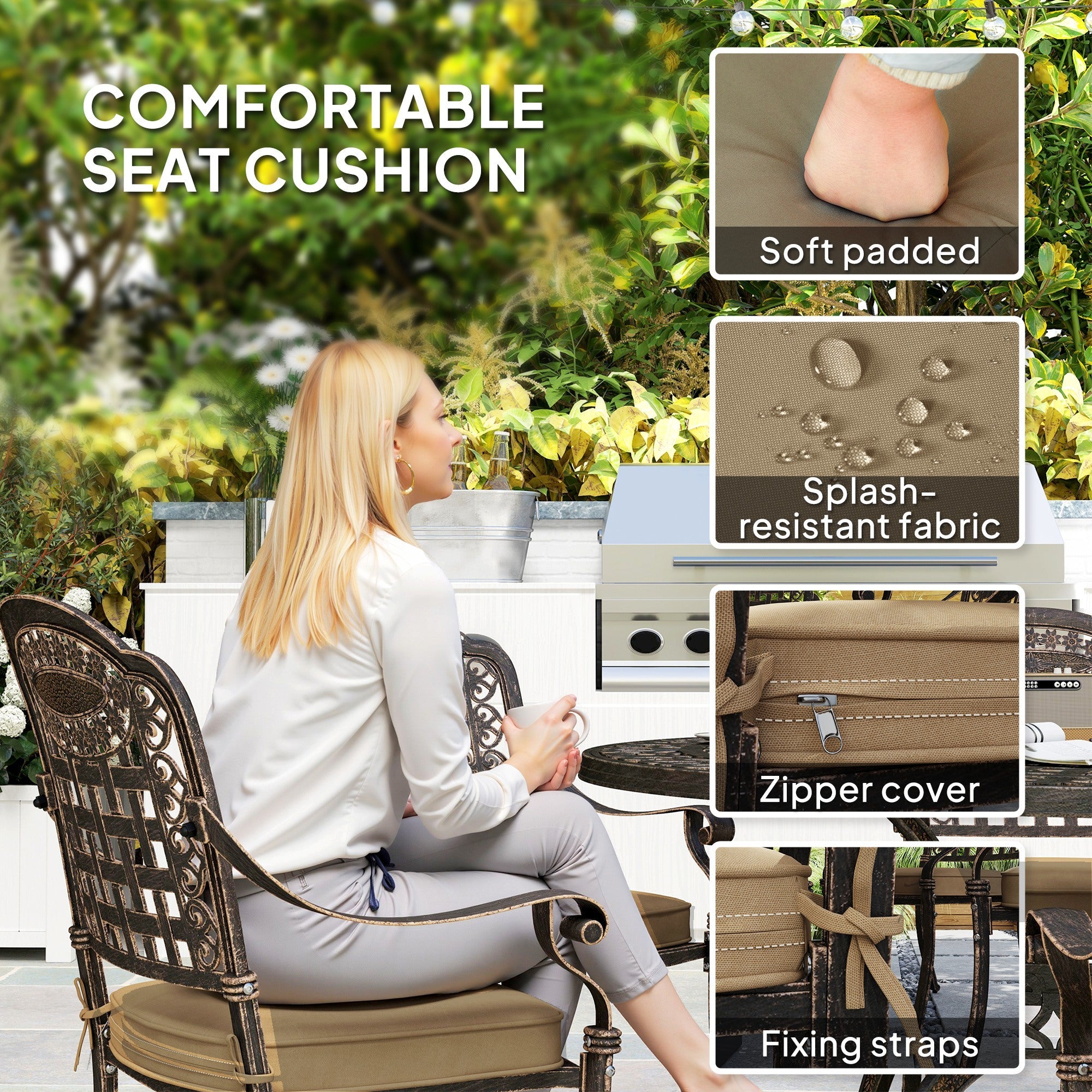 Outsunny 7 Pieces Outdoor Dining Set for 6, Aluminum Patio Table and Chairs Furniture Set with Umbrella Hole, Cushions, Bronze