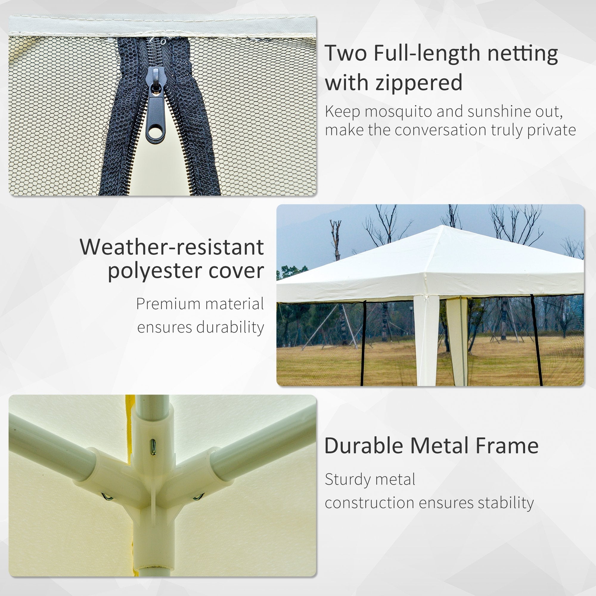 Outsunny 10x10ft Gazebo Tent Netting Patio Canopy Outdoor Party Activity Sun Shade Garden Sun Shelter Mesh Screen Walls Slant Leg Beige