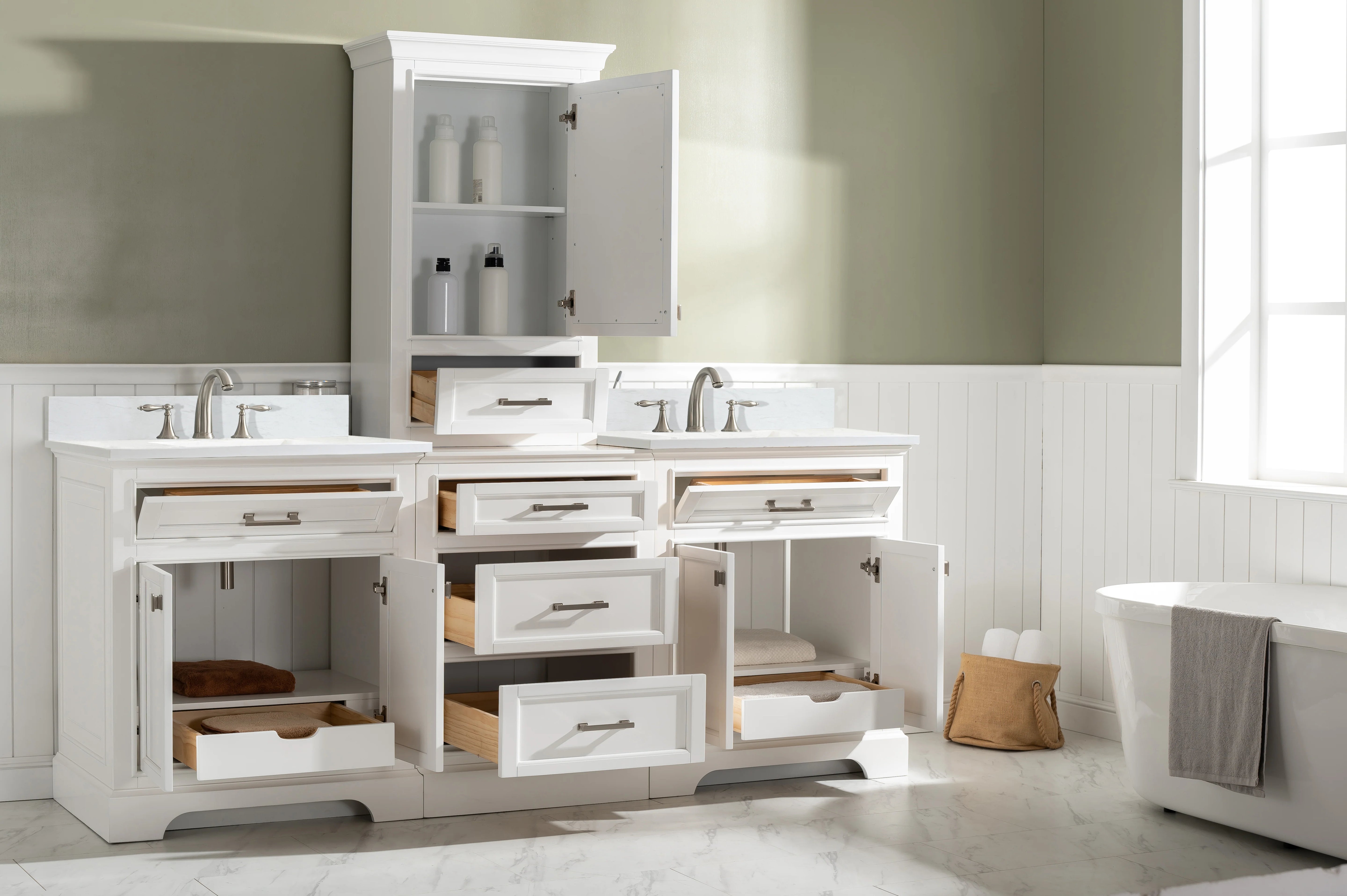 Milano 96" Modular Double Sink Vanity Set with White Quartz Top