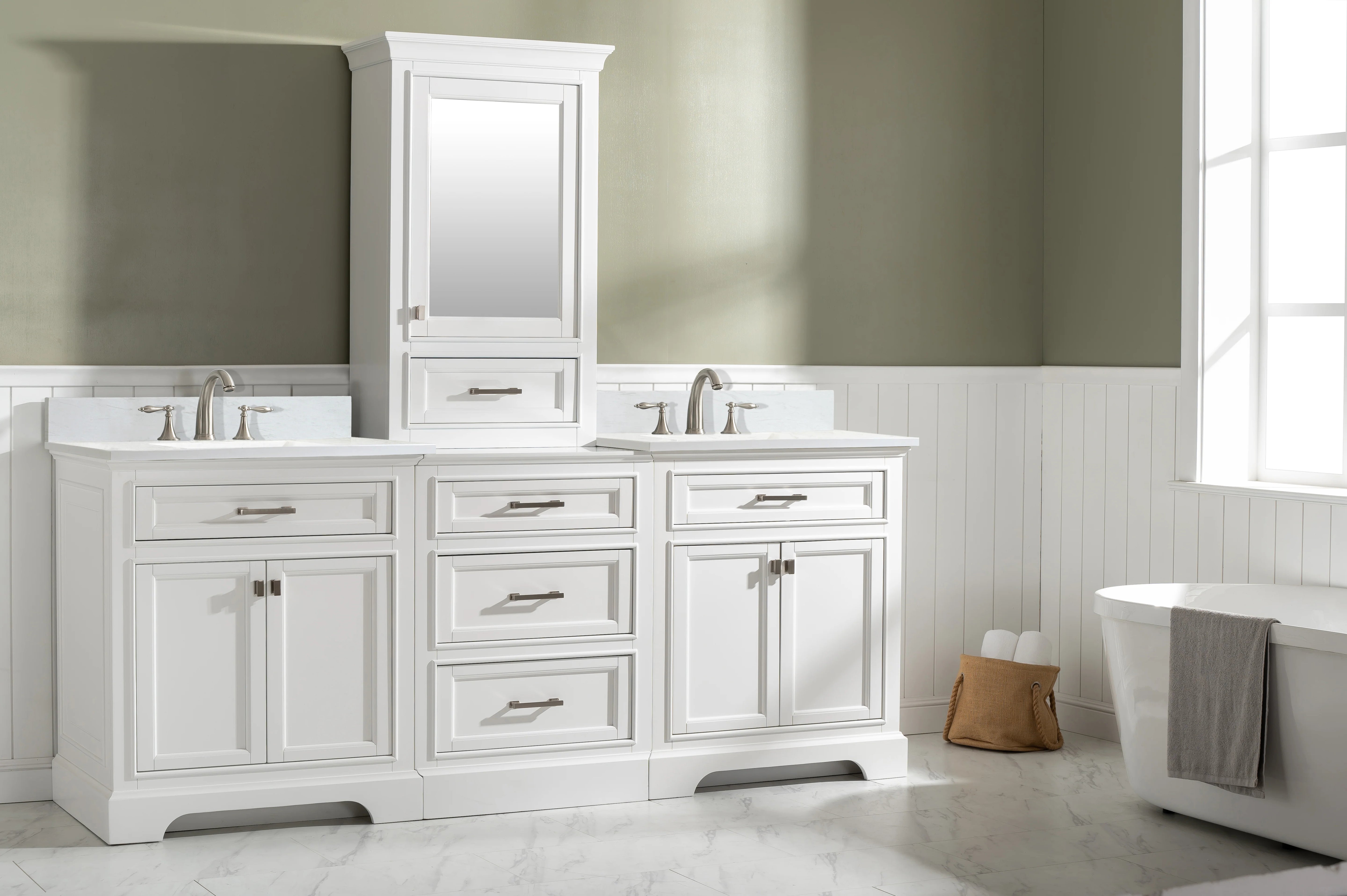 Milano 96" Modular Double Sink Vanity Set with White Quartz Top