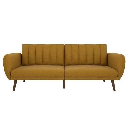 Mustard Linen Upholstered Futon Sofa Bed with Mid-Century Style Wooden Legs - Free Shipping