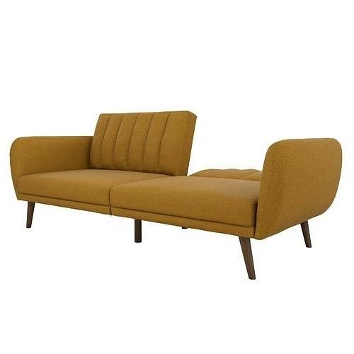 Mustard Linen Upholstered Futon Sofa Bed with Mid-Century Style Wooden Legs - Free Shipping