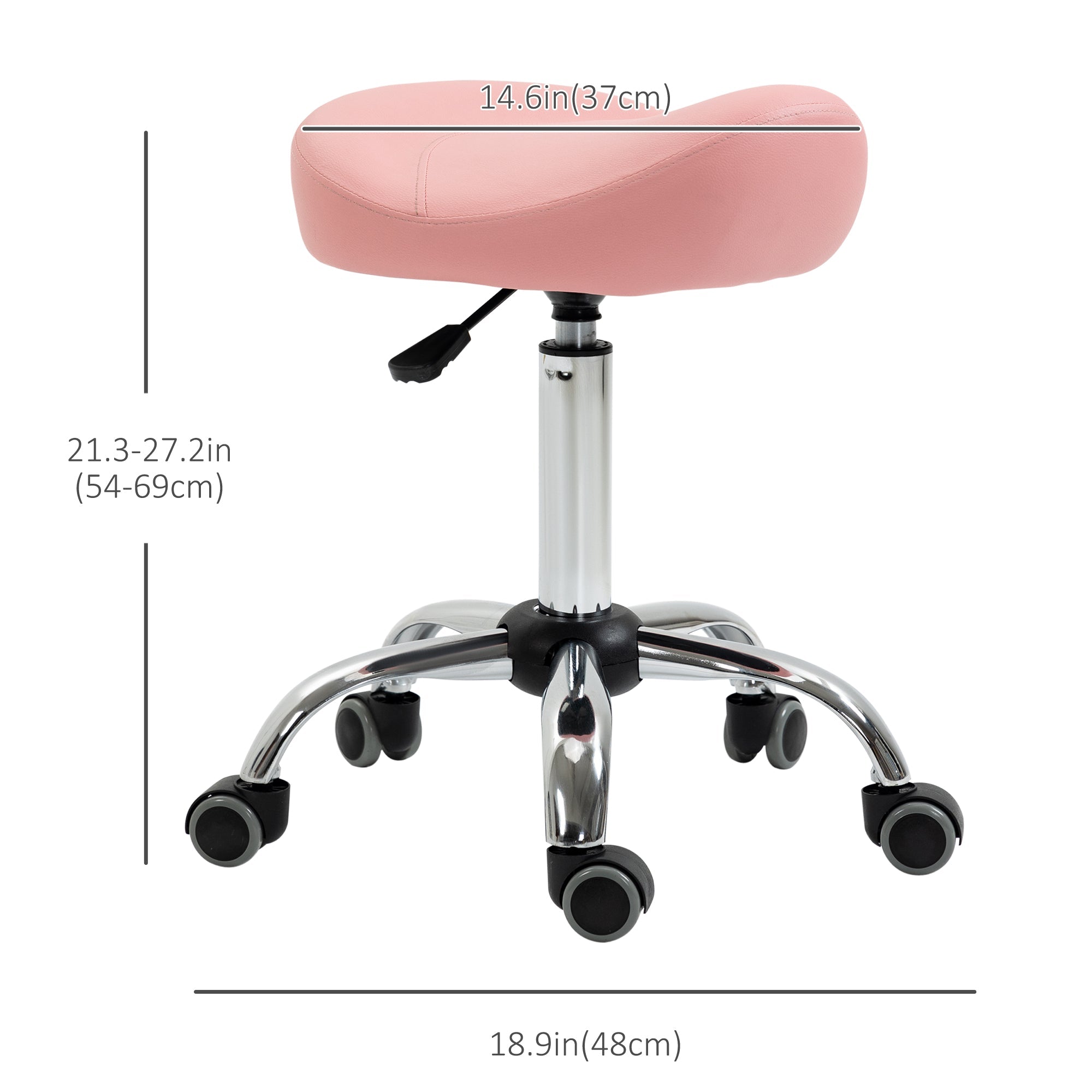 HOMCOM Saddle Stool Chic: Height Adjustable Rolling Salon Chair in Pink PU Leather for Massage, Spa, Clinic, Beauty, and Tattoo