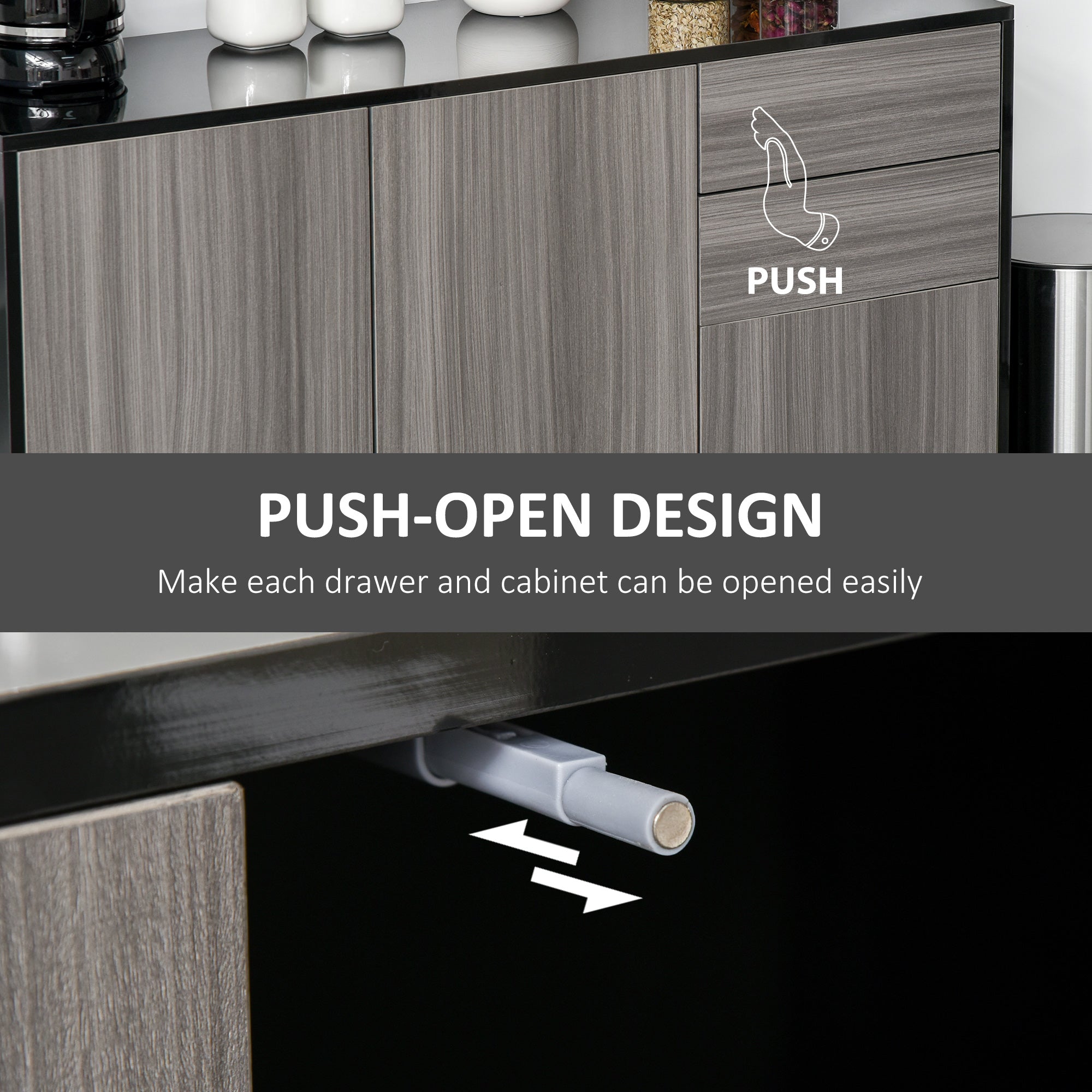 HOMCOM Coffee Companion: Kitchen Sideboard Storage Cabinet with Push-Open Drawers, Modern Design for Living Room, Black Hue