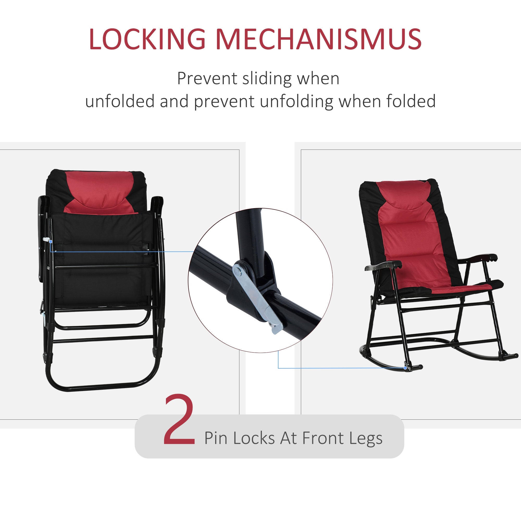 Outsunny Folding Rocking Chair Set 2 Pack Padded with Armrest Red Black for Outdoor Comfort