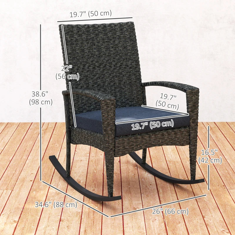 Outdoor Rocking Chair, Patio Wicker Chair Removable Cushion, High Back and Armrests for Porch Balcony, Navy Blue