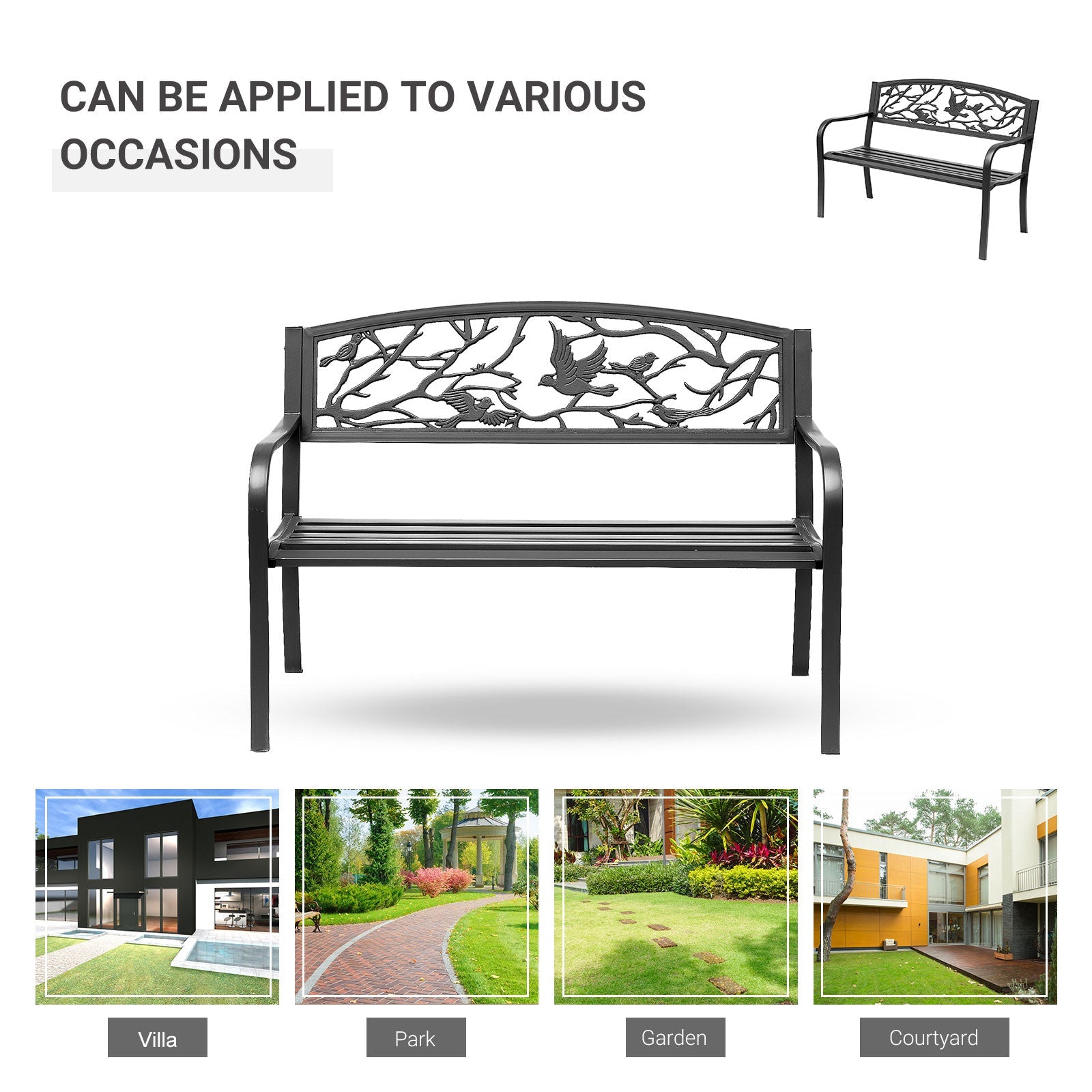 Outsunny Vintage Garden Bench Outdoor Loveseat Bird Pattern Durable Black Seating