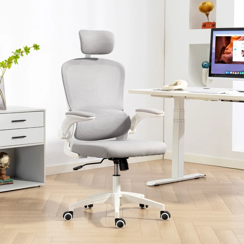 Ergonomic Mesh Office Chair, High Back Desk Chair with Rotatable Headrest, Flip-Up Armrests, Lumbar Support, Grey