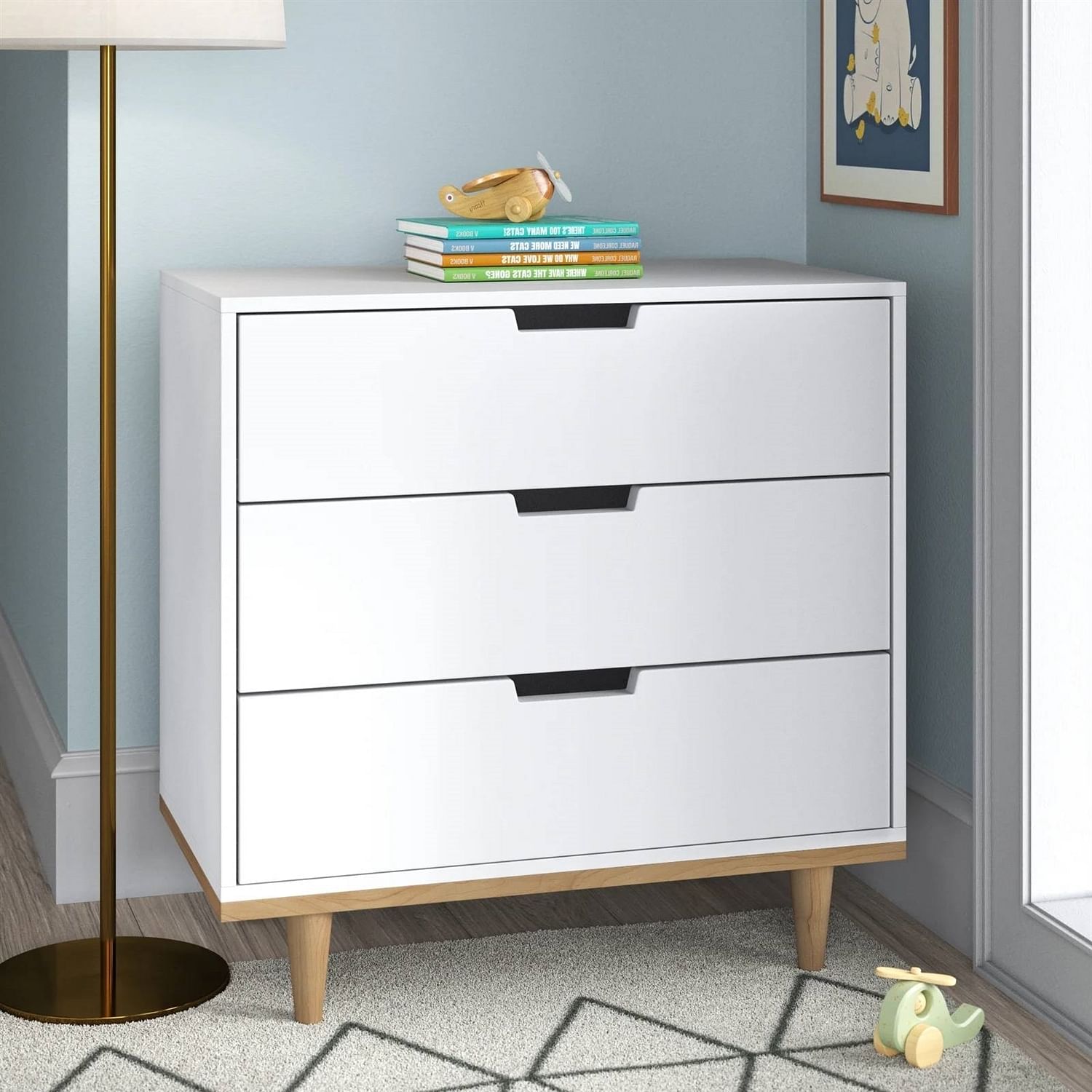 Modern Mid-Century Style 3-Drawer Dresser Chest in White Natural Wood Finish - Free Shipping