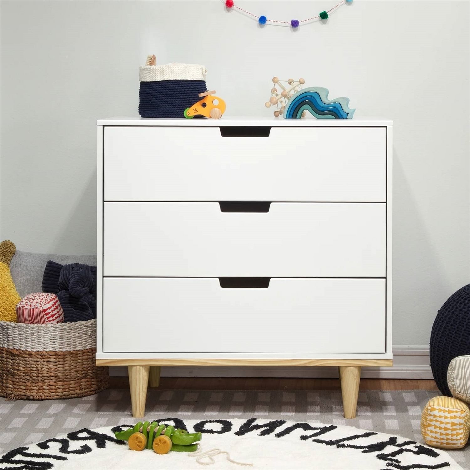 Modern Mid-Century Style 3-Drawer Dresser Chest in White Natural Wood Finish - Free Shipping