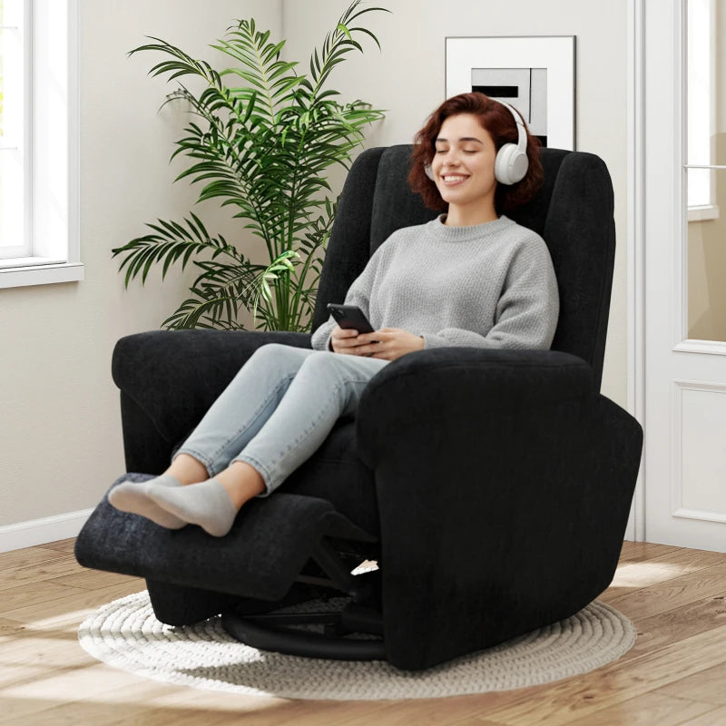 Power Recliner Chair, Fabric Upholstered Recliner Chair with USB Ports, Swivel and Rocking Function, Footrest, Black