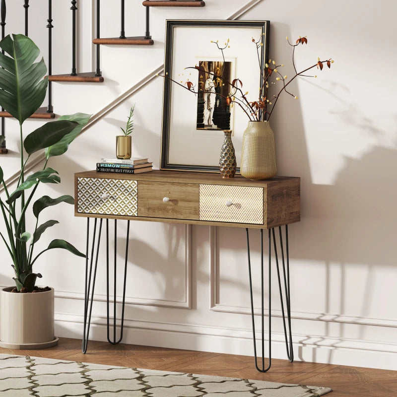 Narrow Console Table with Drawers, 35" Entryway Table with Hairpin Legs for Hallway, Foyer, Living Room, Brown