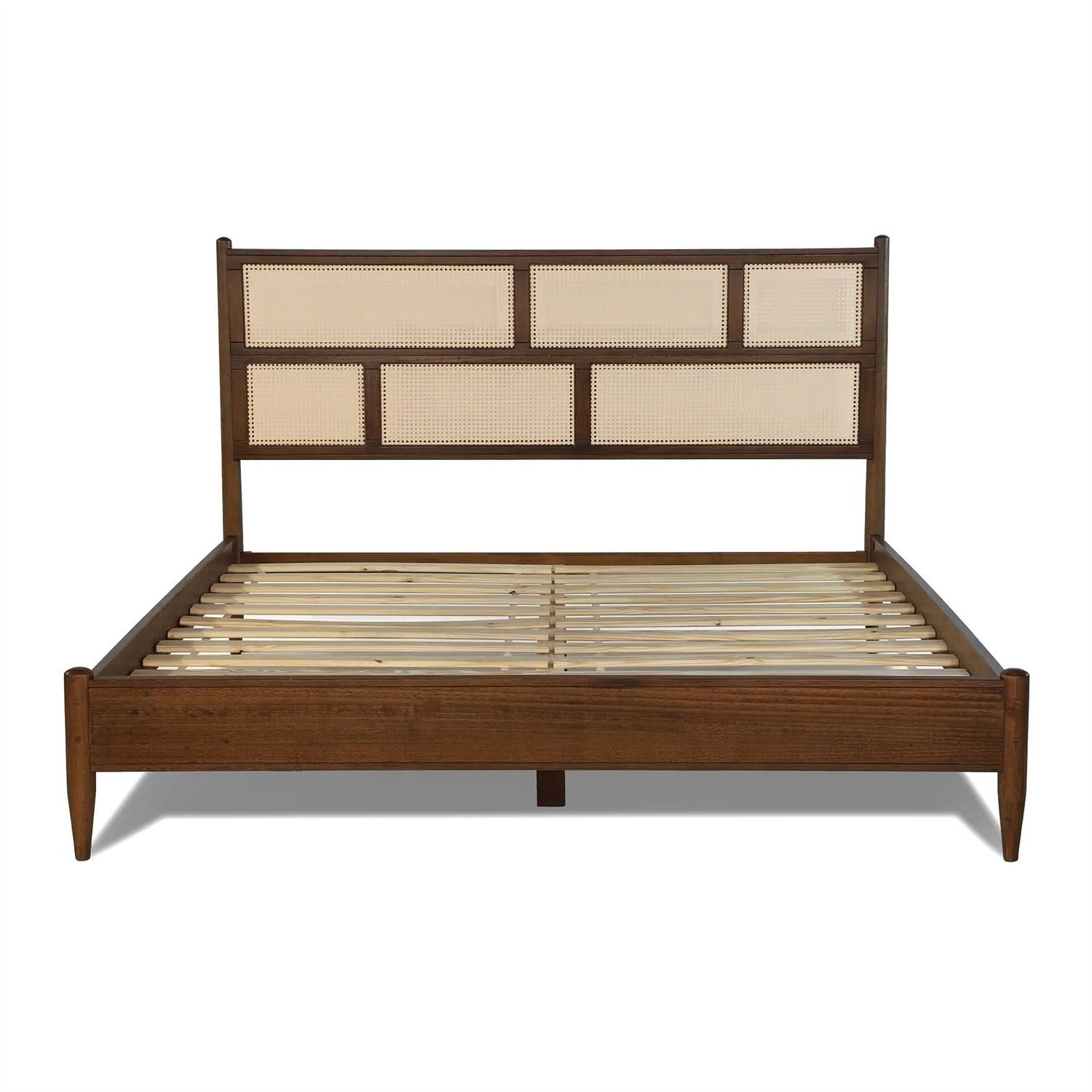 King Size Hardwood Platform Bed Frame with Cane Paneling Headboard in Walnut - Free Shipping