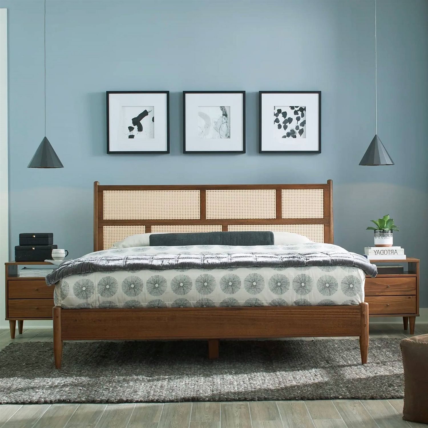 King Size Hardwood Platform Bed Frame with Cane Paneling Headboard in Walnut - Free Shipping