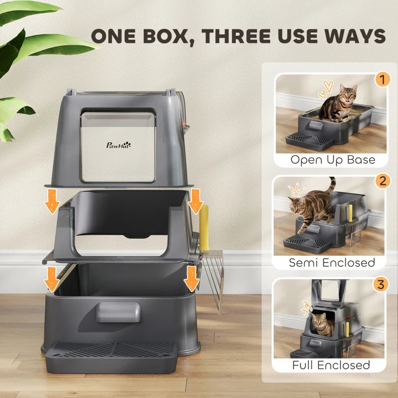 80L XL Stainless Steel Cat Litter Box for Big Cats with Flip Cover, Pull-Out Drawer Tray, High Sided, Pedal, Dark Grey