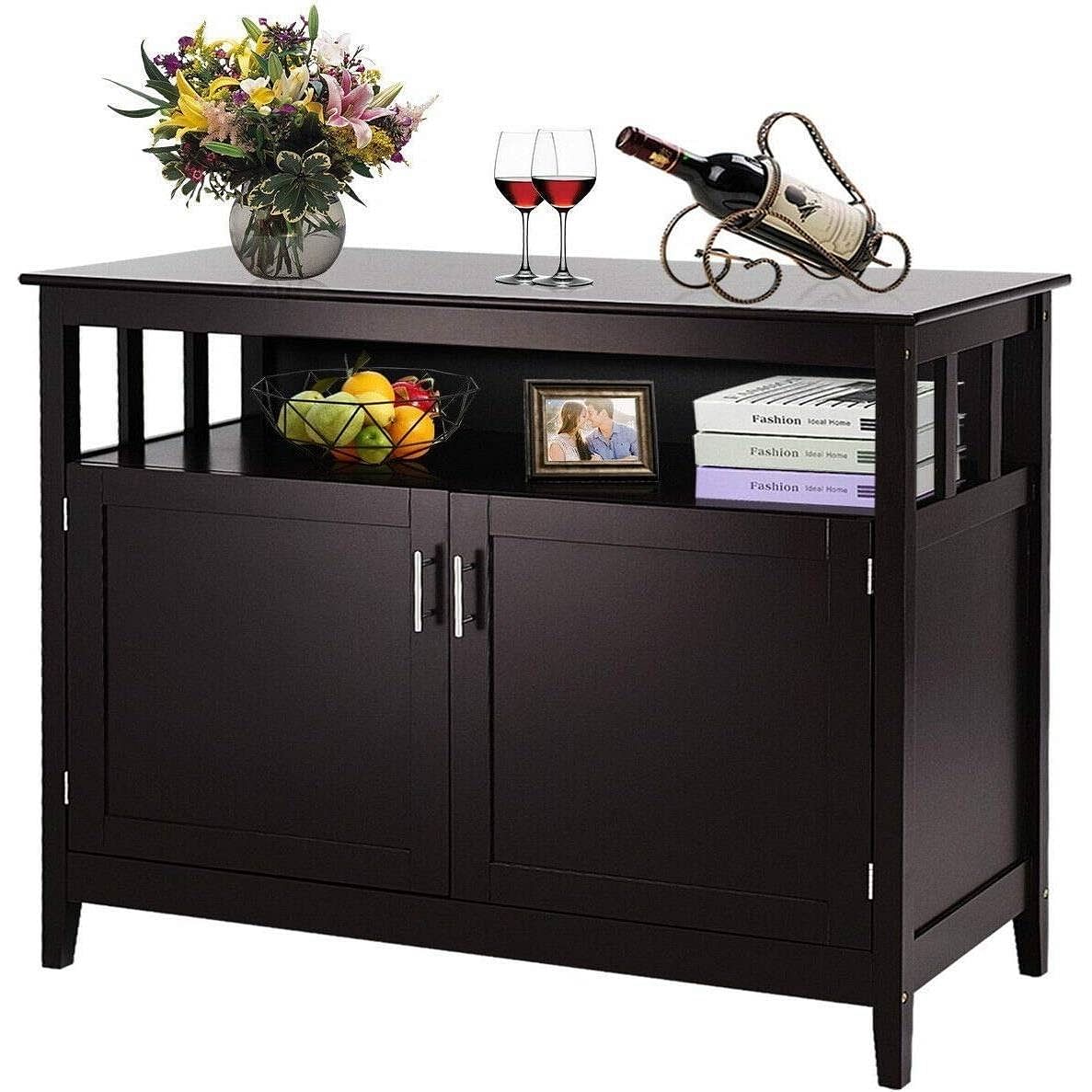 Dark Brown Wood 2-Door Dining Buffet Sideboard Cabinet with Open Storage Shelf - Free Shipping