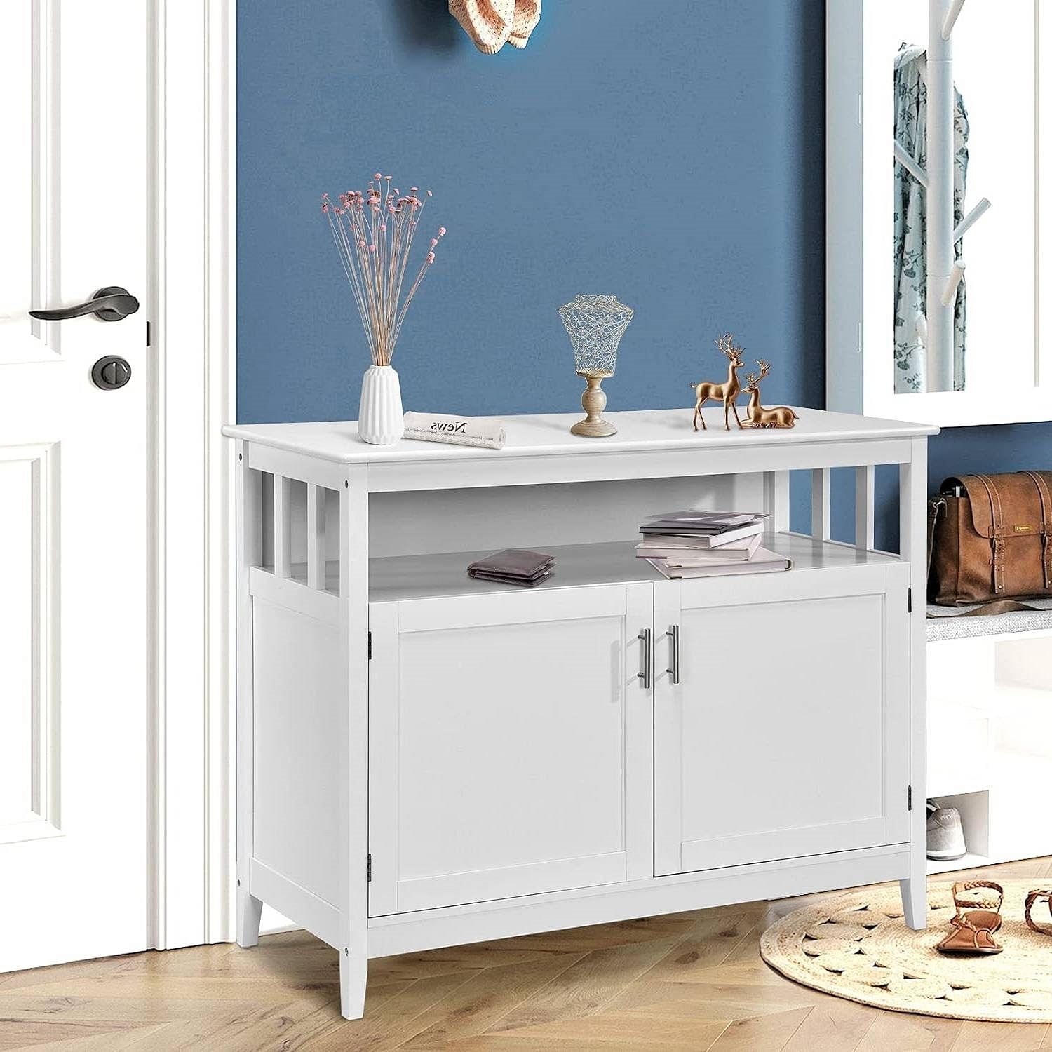 White Wood 2-Door Dining Buffet Sideboard Cabinet with Open Storage Shelf - Free Shipping