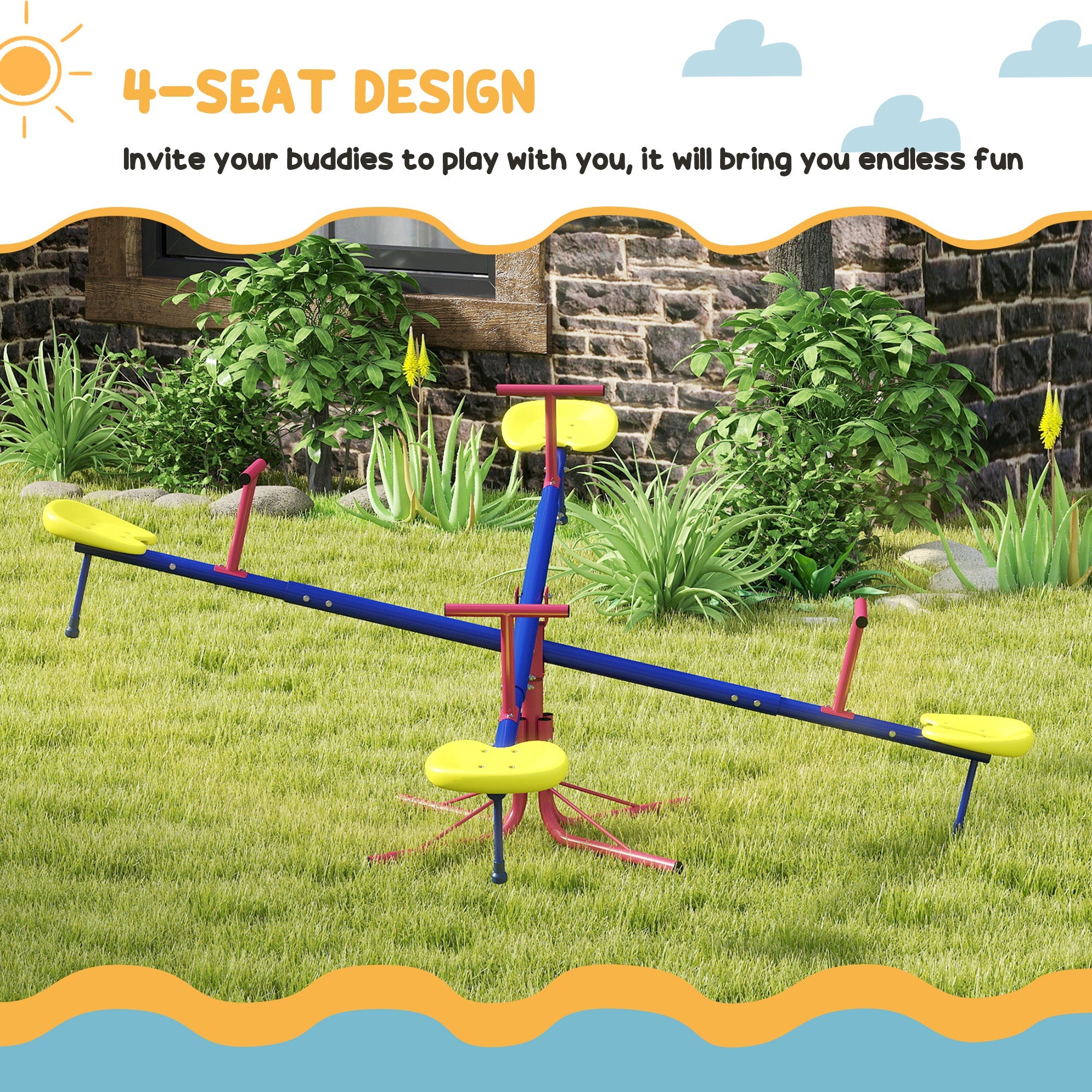 Outsunny Kids Metal Seesaw Teeter Totter Children's Playground Equipment for Garden Outdoor Indoor Swing, 4 Seats