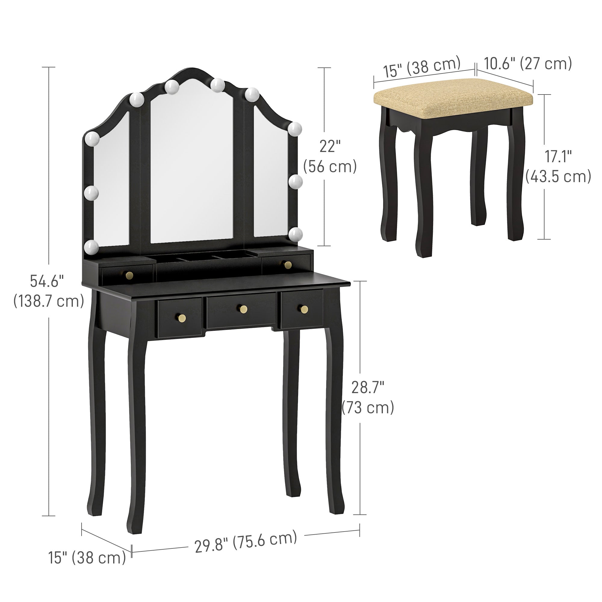 HOMCOM Makeup Vanity Desk with Mirror and Stool, Vanity Set with 10 LED Lights, 5 Drawers and 3 Compartments, Black