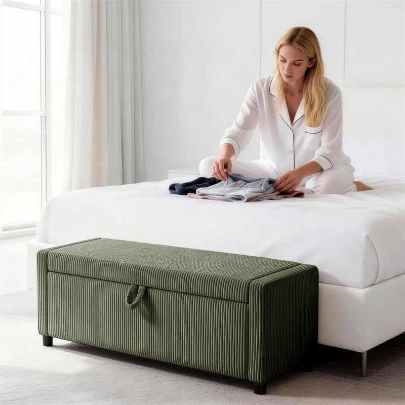 Storage Ottoman, Upholstered Corduroy End of Bed Bench with Thick Padding, Storage Bench for Bedroom, Dark Green