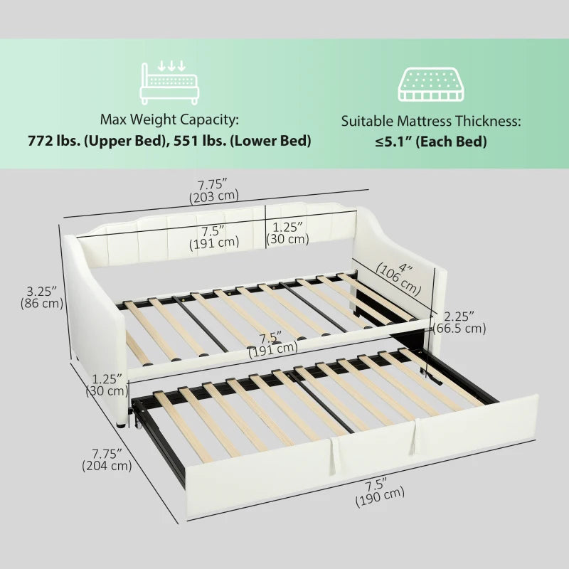 Upholstered Twin Trundle Bed, Extendable Twin to King Day Bed with Headboard and Armrests, Cream White