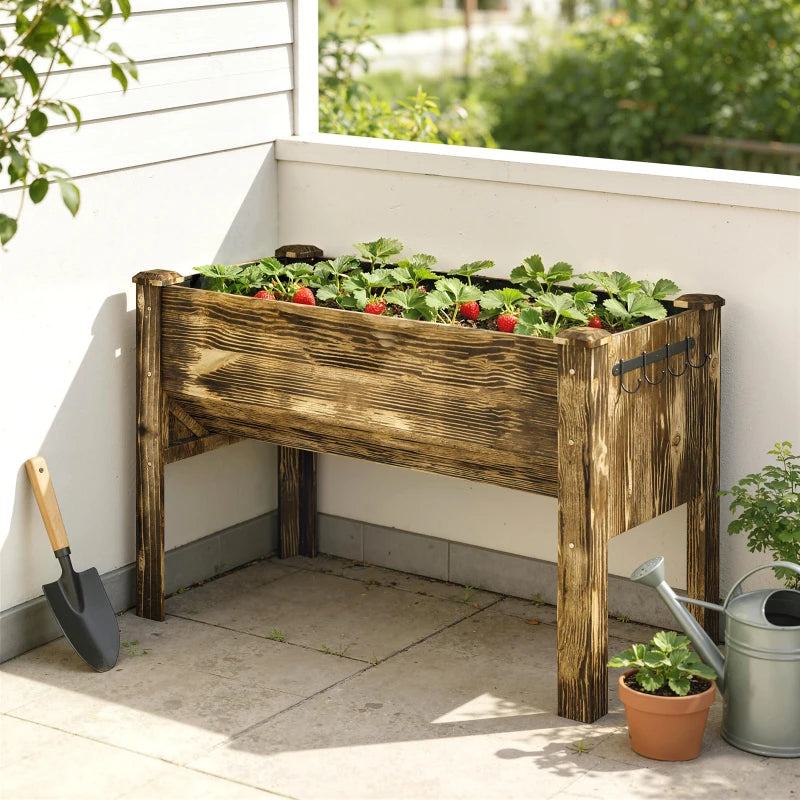 Wooden Raised Garden Plant Stand Outdoor Tall Flower Bed Box with Hooks, 48" x 24" x 32", Carbonized