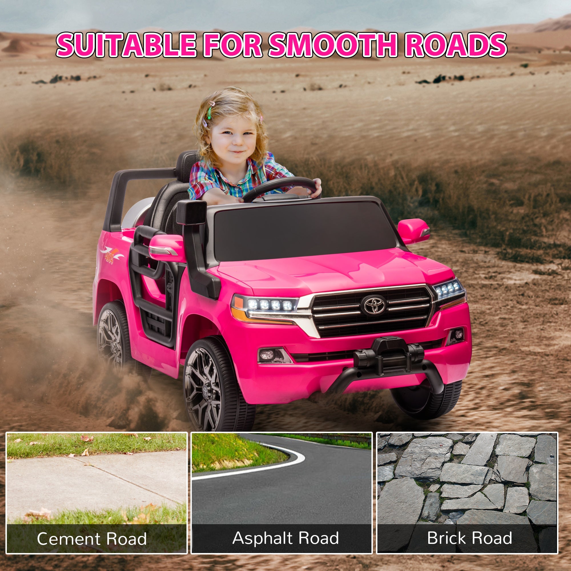 Qaba 12V Toyota LAND CRUISER Licensed Kids Car w/ Remote Control, Four Wheel Spring Suspension, Soft Start, LED Light, Pink