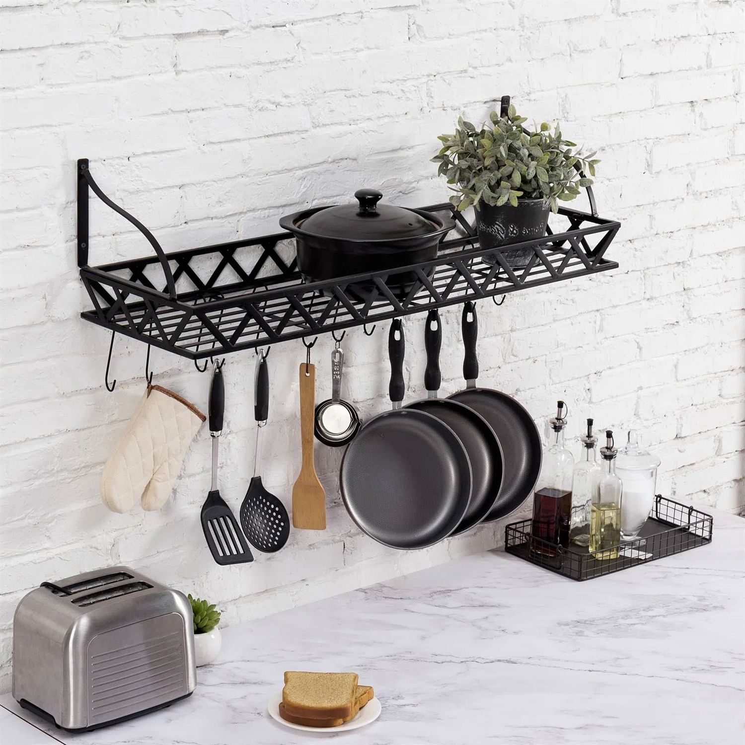 Black Metal Rectangular Wall Mounted Kitchen Pot Rack with 12 Hanging Hooks - Free Shipping