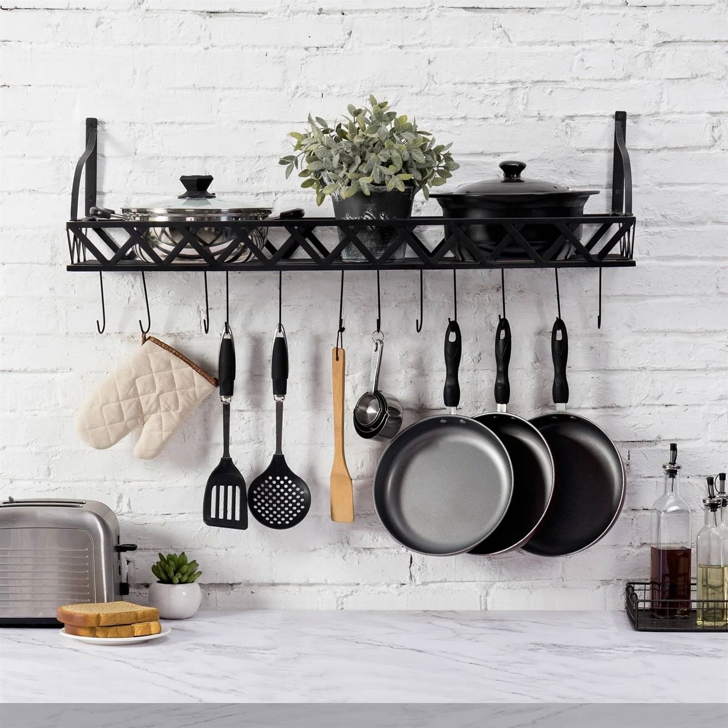 Black Metal Rectangular Wall Mounted Kitchen Pot Rack with 12 Hanging Hooks - Free Shipping
