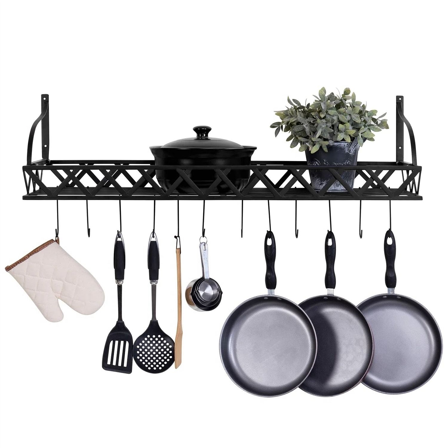 Black Metal Rectangular Wall Mounted Kitchen Pot Rack with 12 Hanging Hooks - Free Shipping