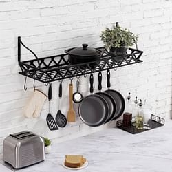 Black Metal Rectangular Wall Mounted Kitchen Pot Rack with 12 Hanging Hooks - Free Shipping