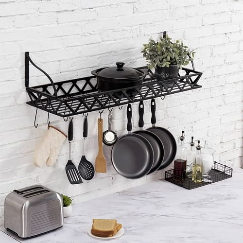 Black Metal Rectangular Wall Mounted Kitchen Pot Rack with 12 Hanging Hooks - Free Shipping