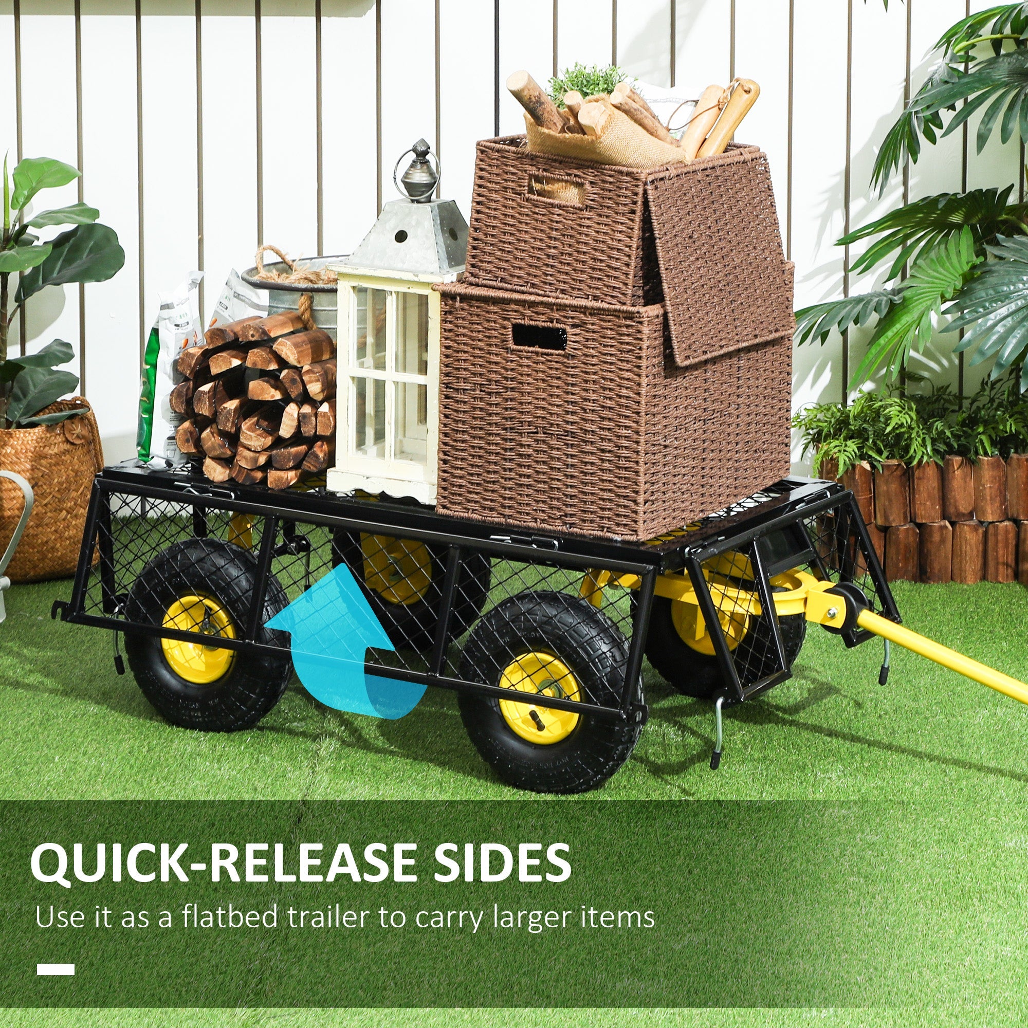 Outsunny Steel Garden Cart, Utility Wagon with Removable Sides, 10" Wheels, 180° Rotating Handle, 440lbs Capatity