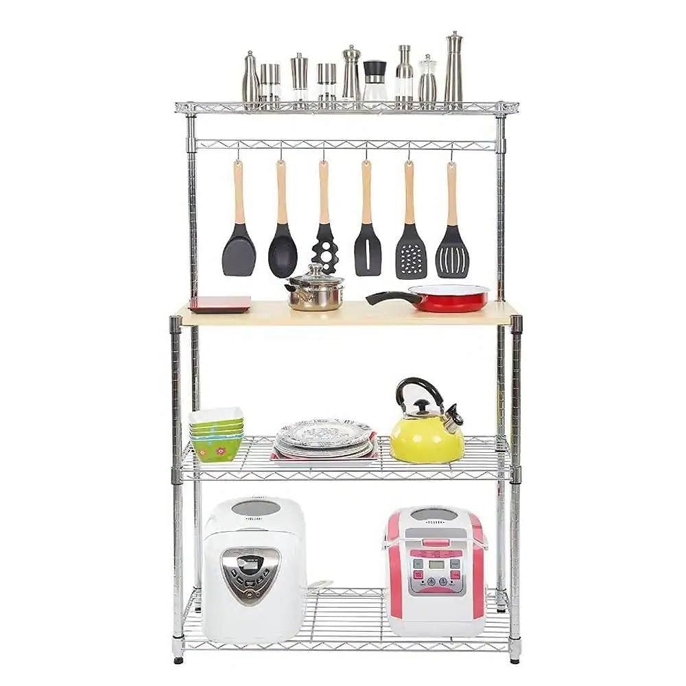 Carbon Steel Kitchen Bakers Rack with MDF Wood Shelf and Hanging Bar with Hooks - Free Shipping