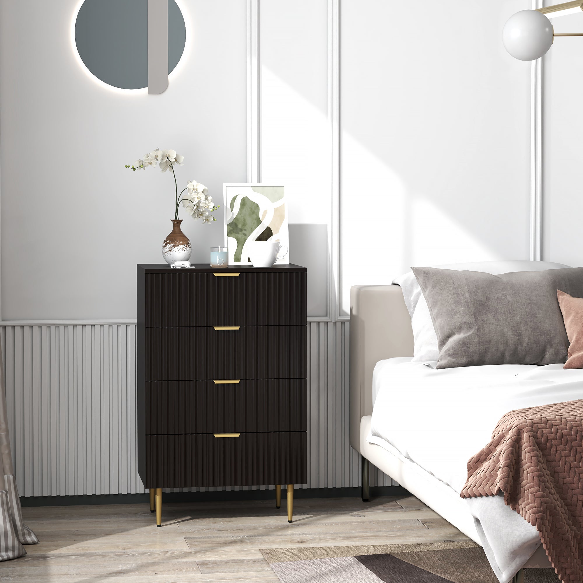 HOMCOM Modern Chest of Drawers 4 Drawer Dresser for Bedroom with Gold Legs and Handles, Black