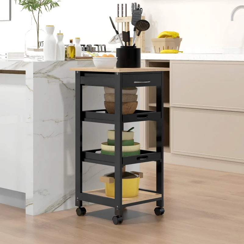 Kitchen Island Rolling Trolley Utility Serving Cart with Drawer Black