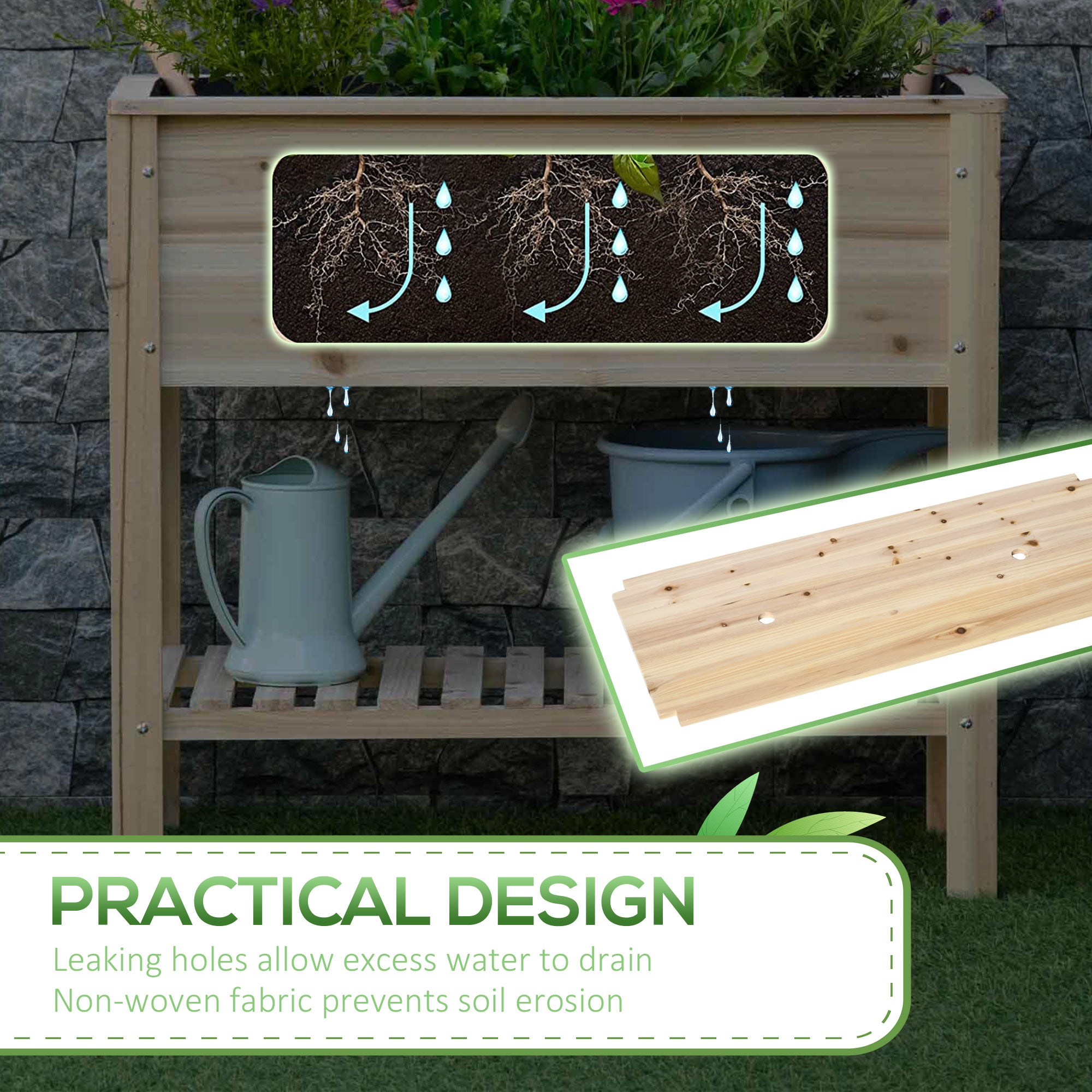 Outsunny Elevated Wooden Planter Box with Shelf for Flowers Vegetables Herbs 36" x 16" x 32" Natural