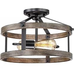 Round 13-inch Metal Wood Farmhouse 2-Light Ceiling Lamp - Semi-Flush Mount - Free Shipping