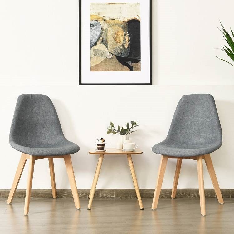 Set of 2 Mid-Century Modern Gray Linen Upholstered Dining Chair with Wood Legs - Free Shipping