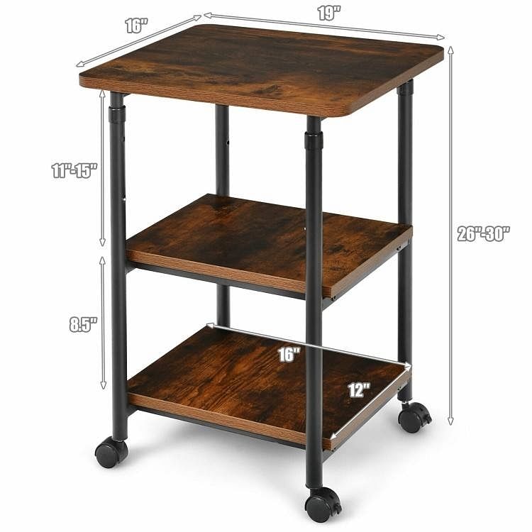 Brown/Black Multifunction Adjustable Height 3-tier Printer Stand on Wheels - Free Shipping